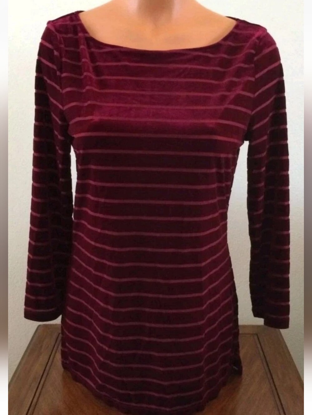 Ralph Lauren Womens Velvet Top Claret Striped Shirt Wine Red 3/4 Sleeve L